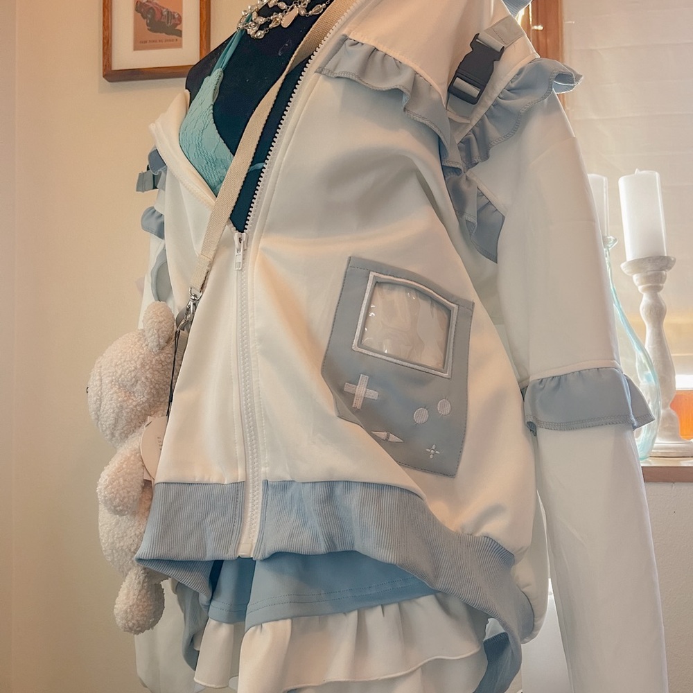 White and Gray Bomber Jacket with Sporty Geometric Design